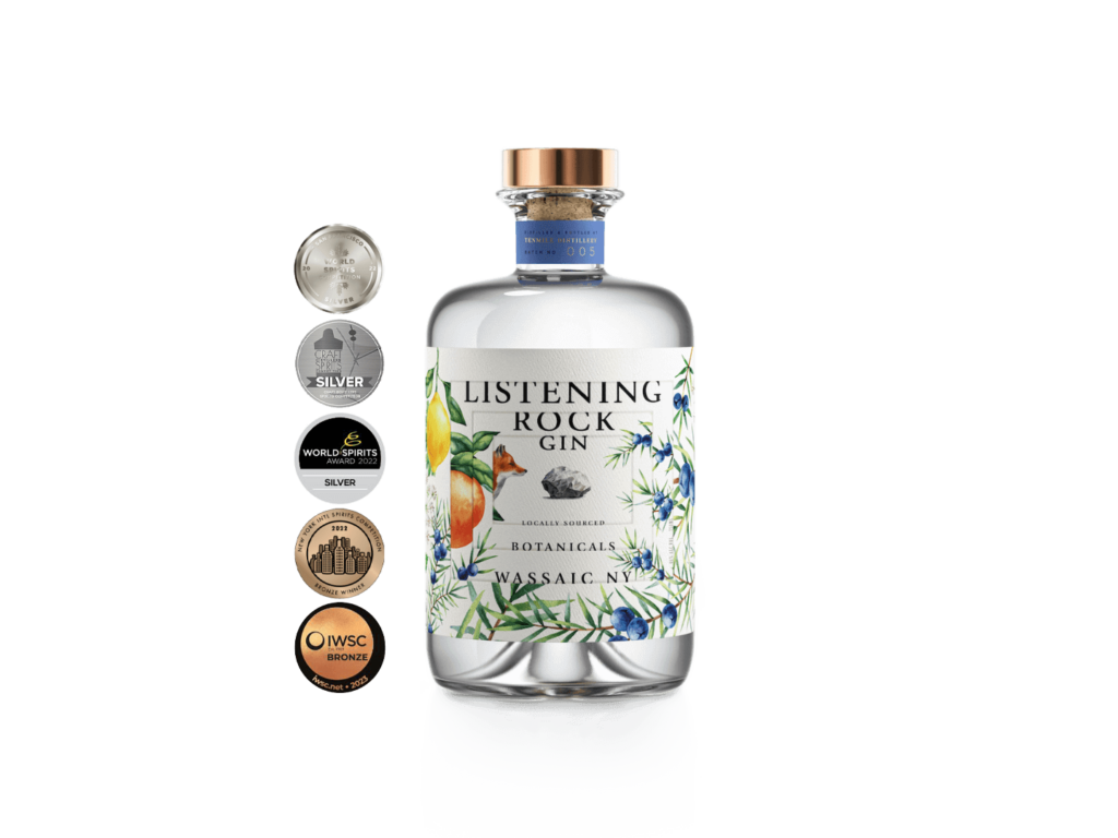 Bottle rendering of Listening Rock Gin with award emblems listed next to it