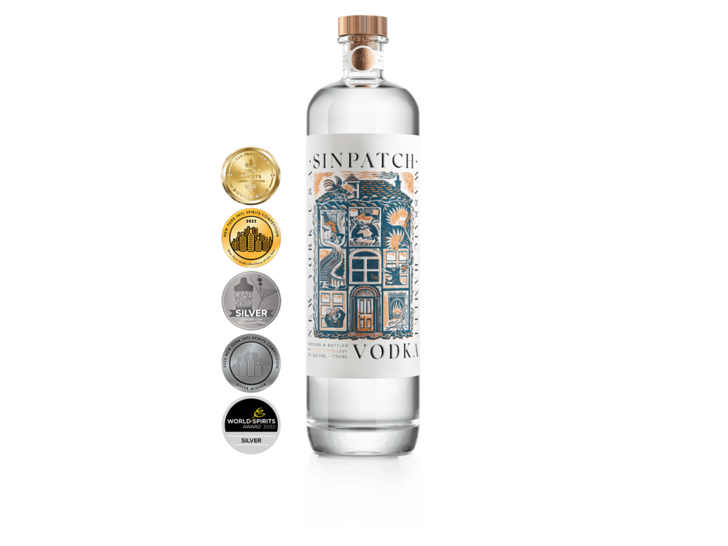 Bottle rendering of Sinpatch Vodka with award emblems listed next to it